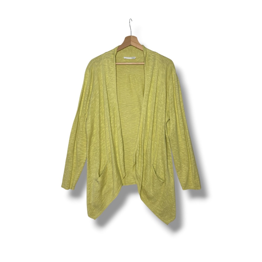 Eileen Fisher Lime Linen Cotton Open Front Draped Cardigan Pockets